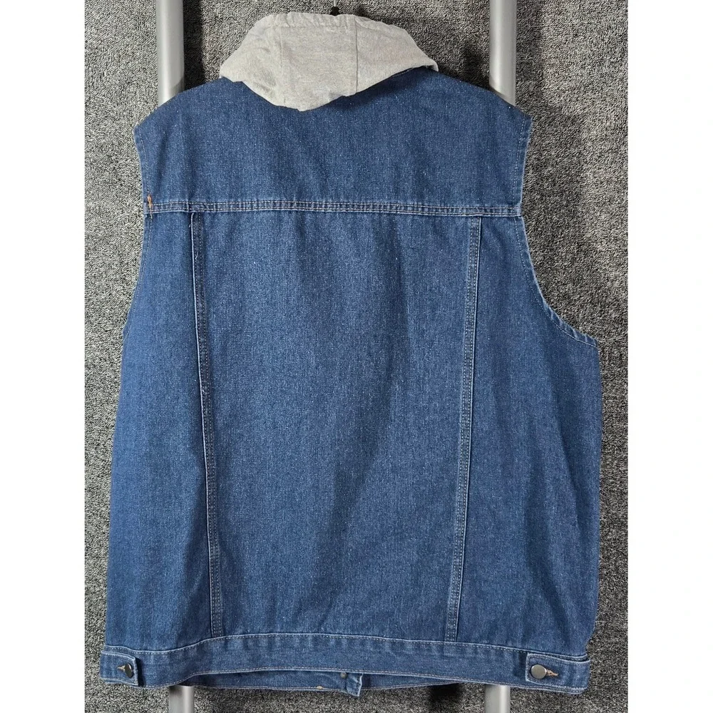 Mens Blue Denim Vest with Detachable Grey Hood Sleeveless Trucker Jacket Large